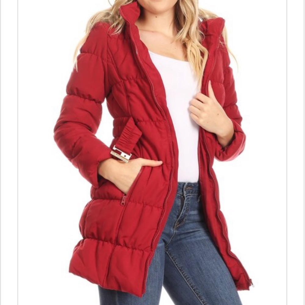 Long Red Puffer Coat with Hood